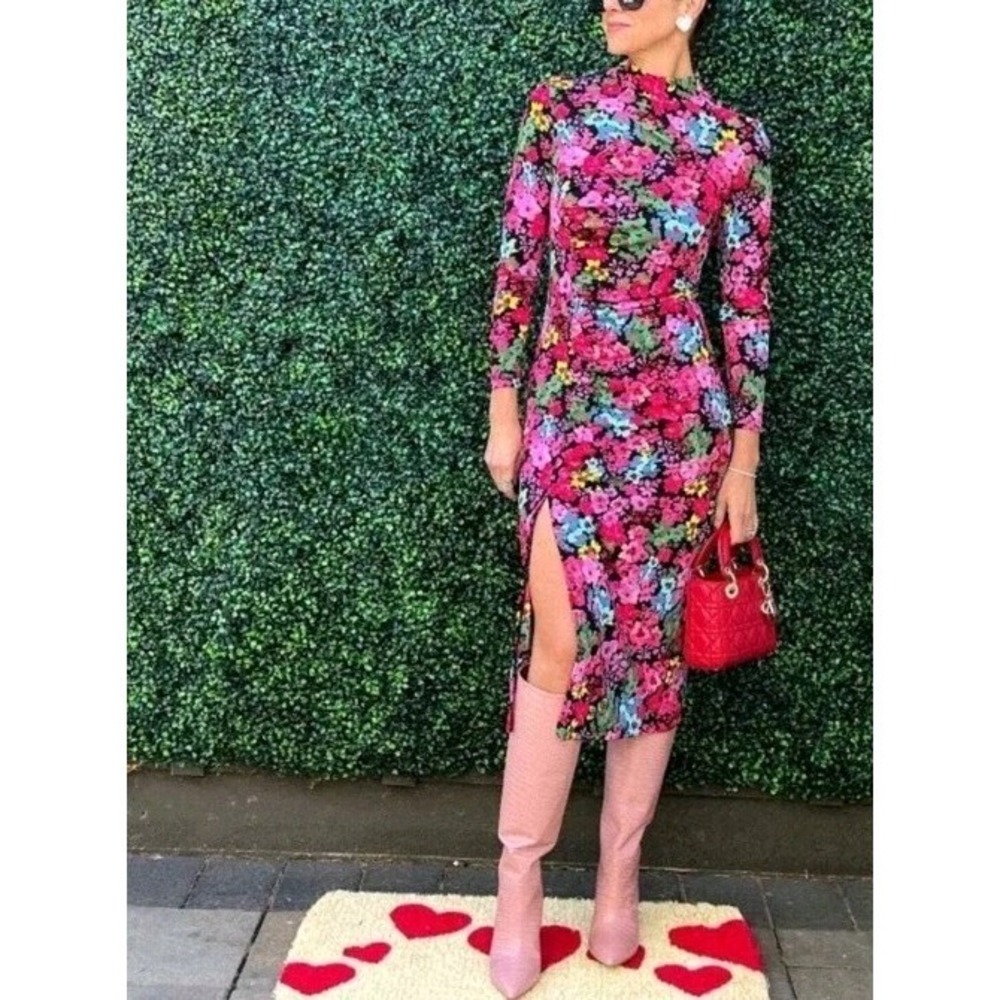 New Future Collective Colorful Floral Stretch Slit Ruched Midi Dress 1X